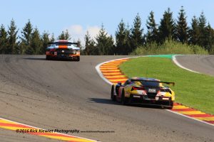 #86 Gulf Racing Porsche 911 RSR - Michael Wainwright, Adam Carroll, Ben Barker chased by the #50 Larbre Competition Chevrolet Corvette C7-Z06 - Yutaka Yamagishi, Pierre Ragues, Paolo Ruberti during the 2016 FIA WEC 6hrs of Spa Francorchamps, from may 4th to 7th in Belgium.